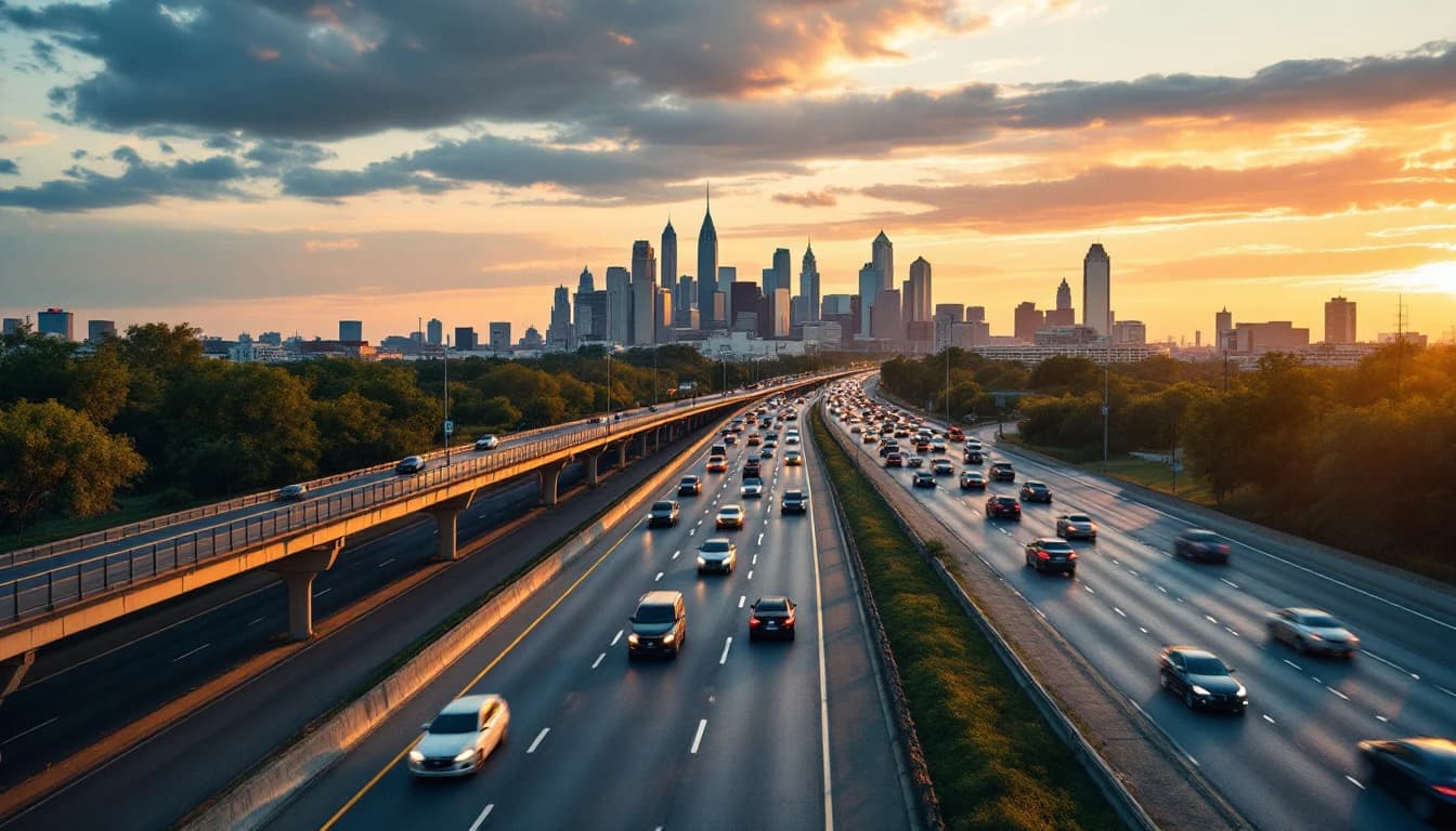 Autopista del área de Dallas con tráfico lento al atardecer vista desde un puente