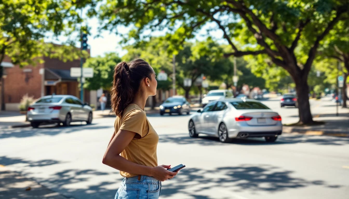 Mujer latina esperando en la banqueta de una calle del Metroplex con el teléfono en la mano mientras un carro se acerca