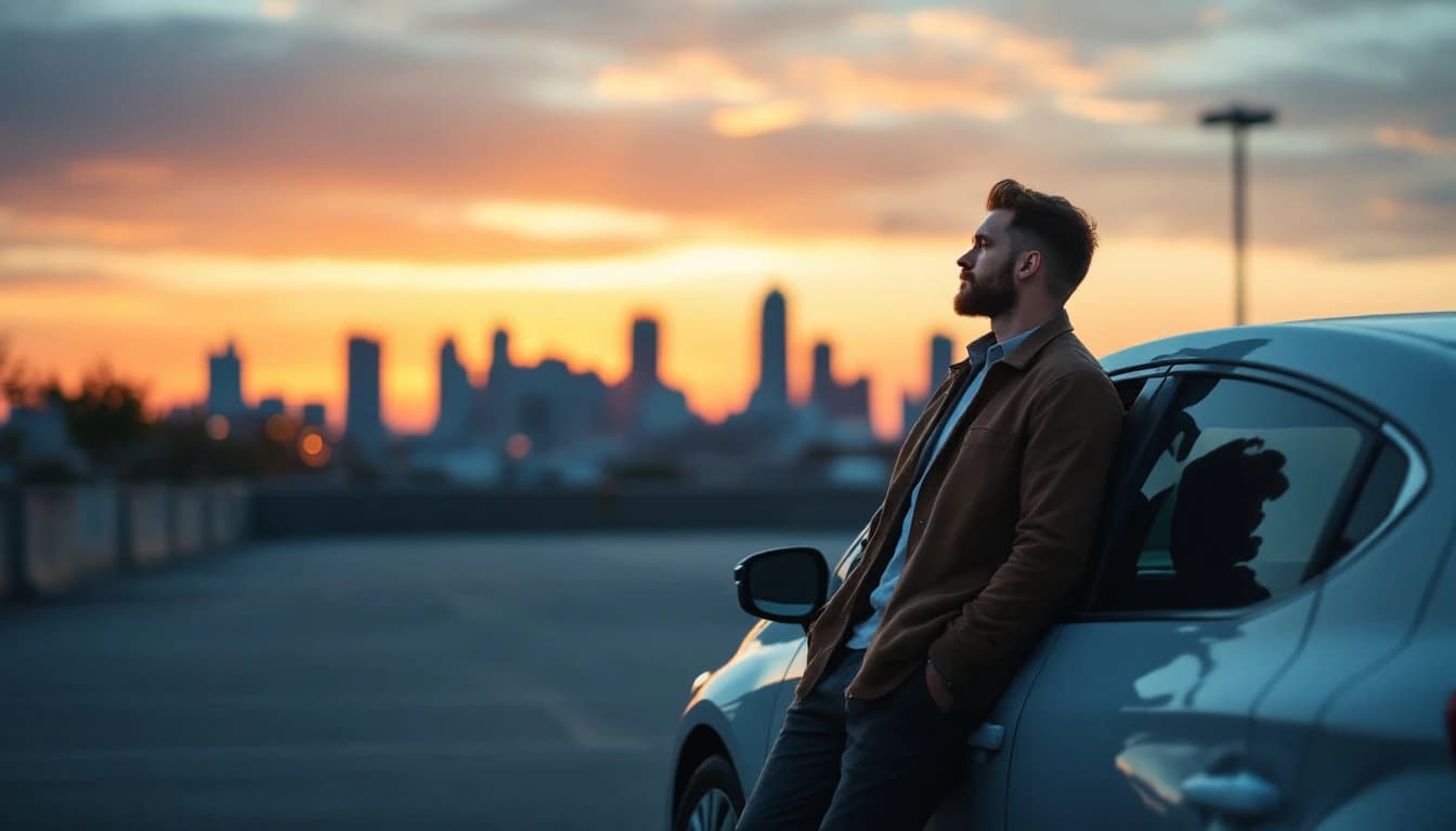 Chofer apoyado en la puerta de su carro pensando, con la ciudad de fondo al atardecer