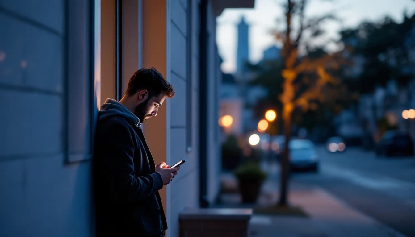 Persona de pie junto a la entrada de un edificio revisando el teléfono con gesto de duda