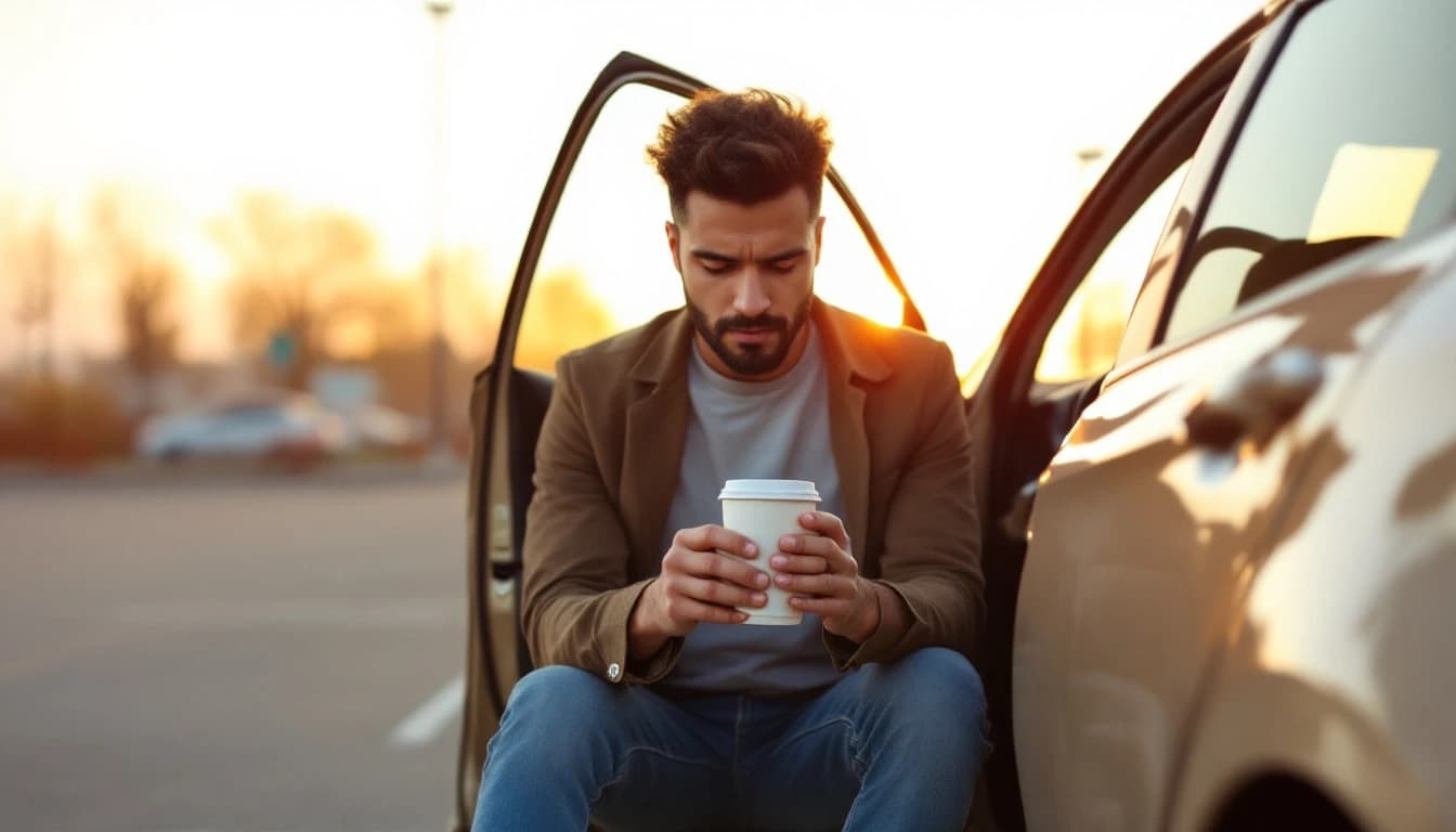 Chofer sentado en la puerta abierta de su carro estacionado con un vaso de café al amanecer