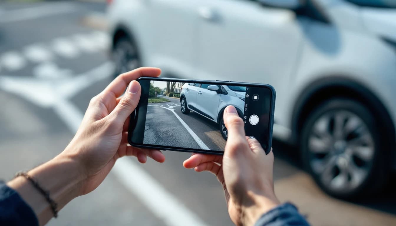 Persona fotografiando con el teléfono el costado de un carro detenido en el acotamiento