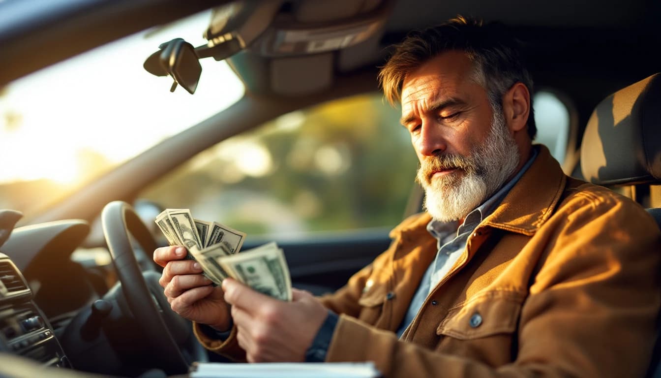 Chofer contando billetes pequeños dentro de su carro estacionado al final del turno