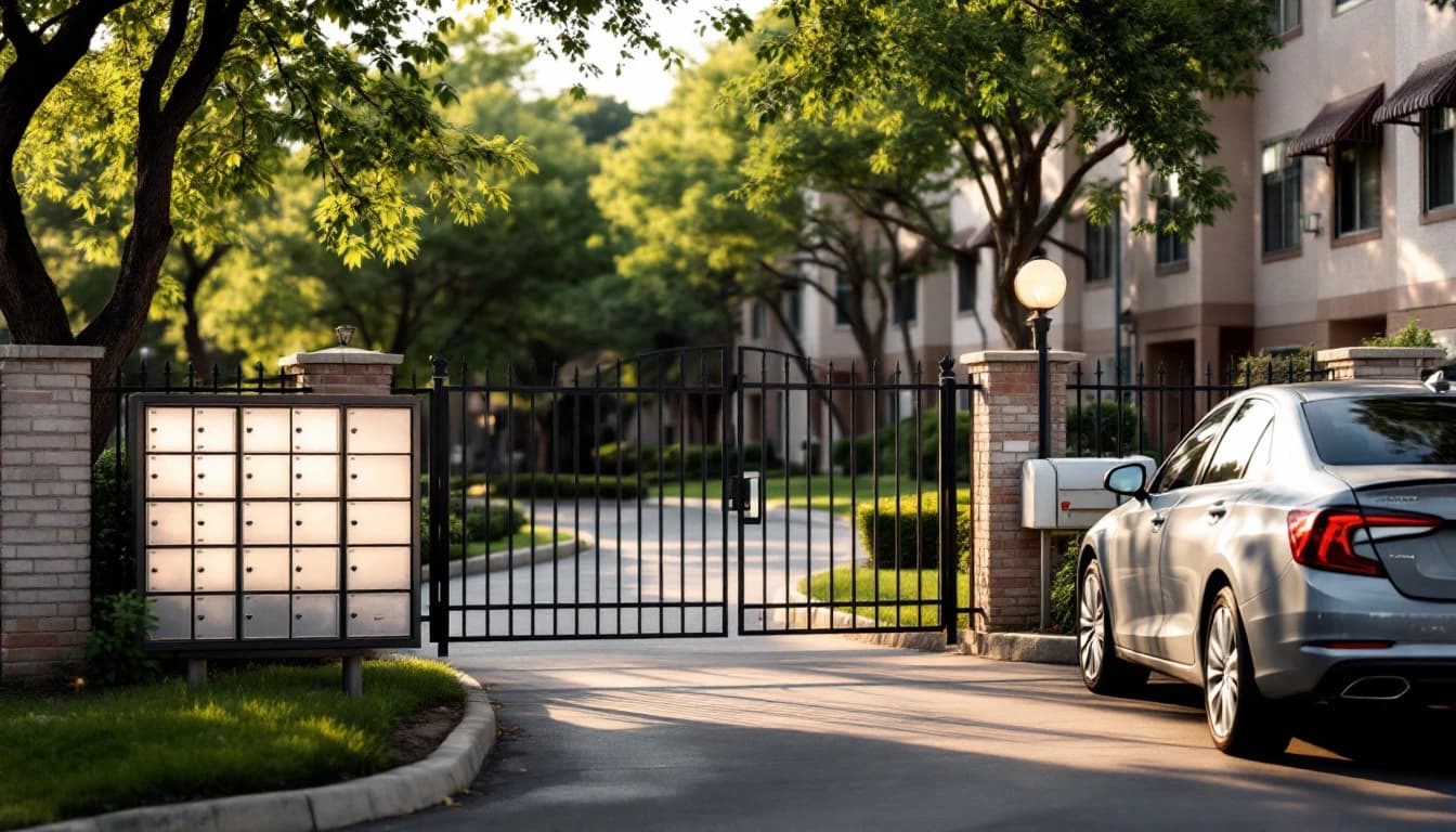 Entrada de un complejo de apartamentos en Texas con portón y buzones, un carro esperando junto a la banqueta