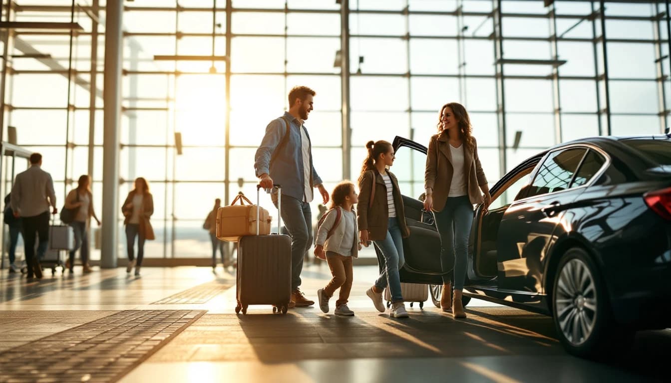 Familia con maletas bajando de un carro frente a la puerta de salidas de un aeropuerto de Texas