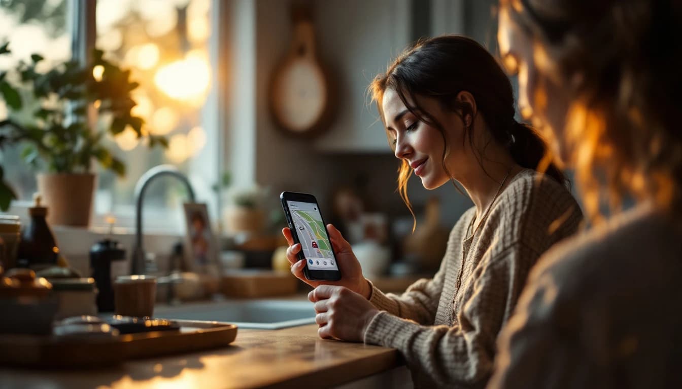 Mujer en su cocina viendo en el teléfono el mapa del viaje de un familiar en tiempo real