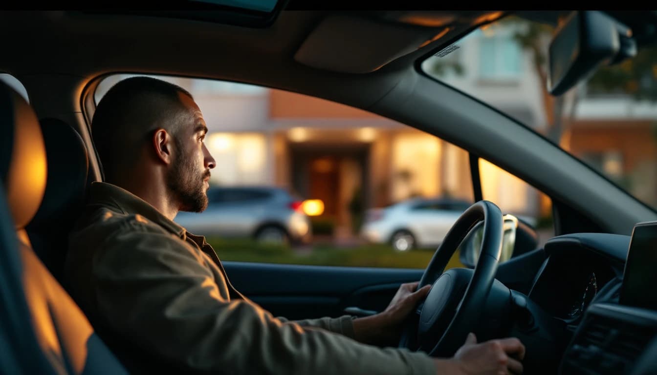Chofer esperando dentro de su carro frente a la entrada de un complejo de apartamentos