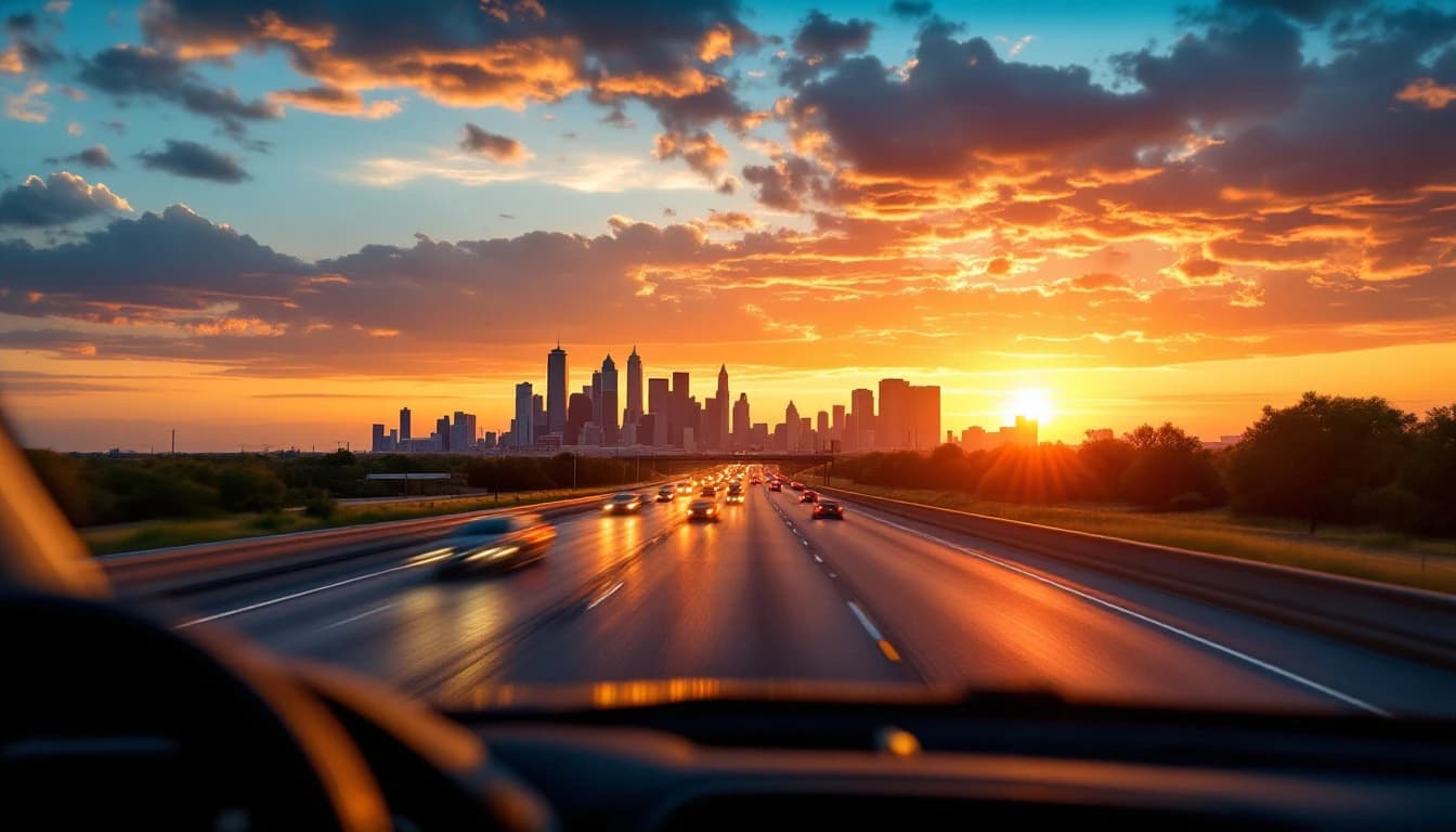 Vista desde el asiento del pasajero de una avenida de Dallas–Fort Worth al atardecer con tráfico