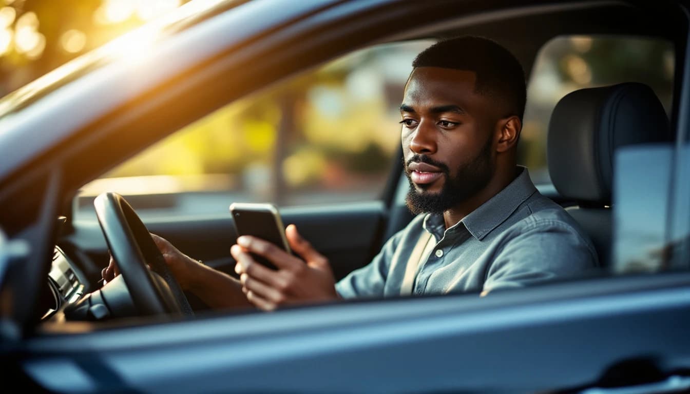 Chofer revisando su teléfono al volante de su carro estacionado, con luz de tarde