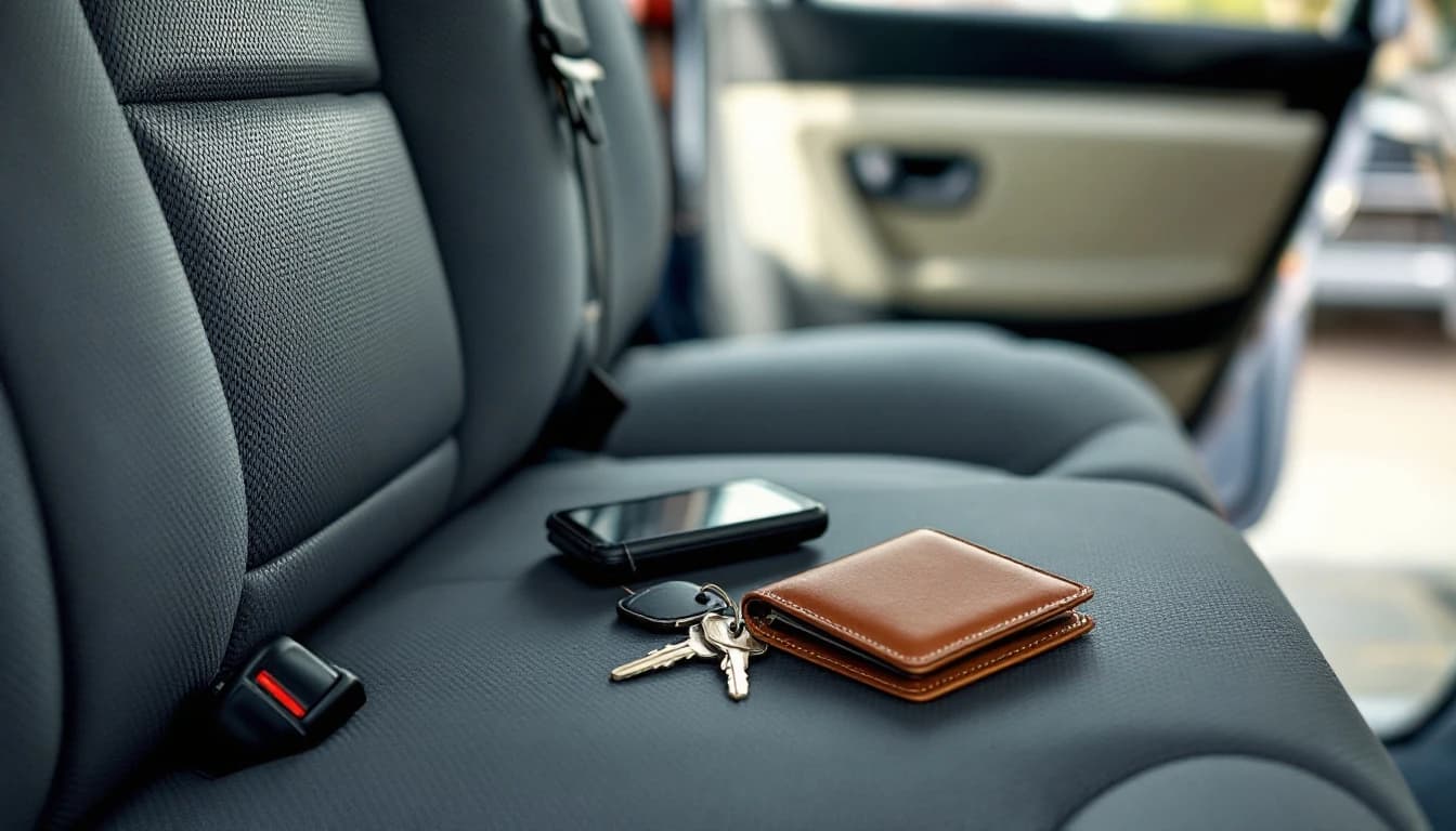 Cartera y llaves olvidadas en el asiento trasero de un carro con la puerta abierta