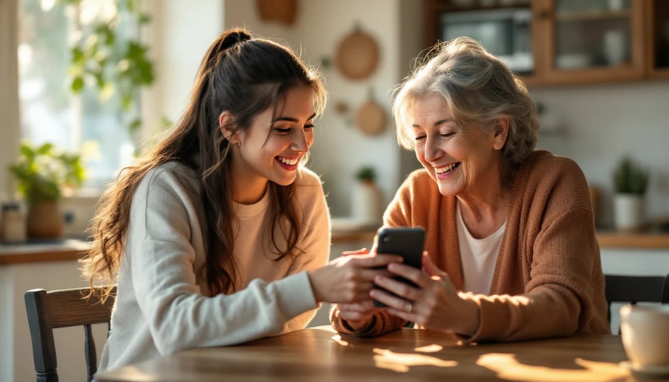 Hija adulta enseñándole a su mamá a usar el teléfono, sentadas juntas en la mesa de la cocina