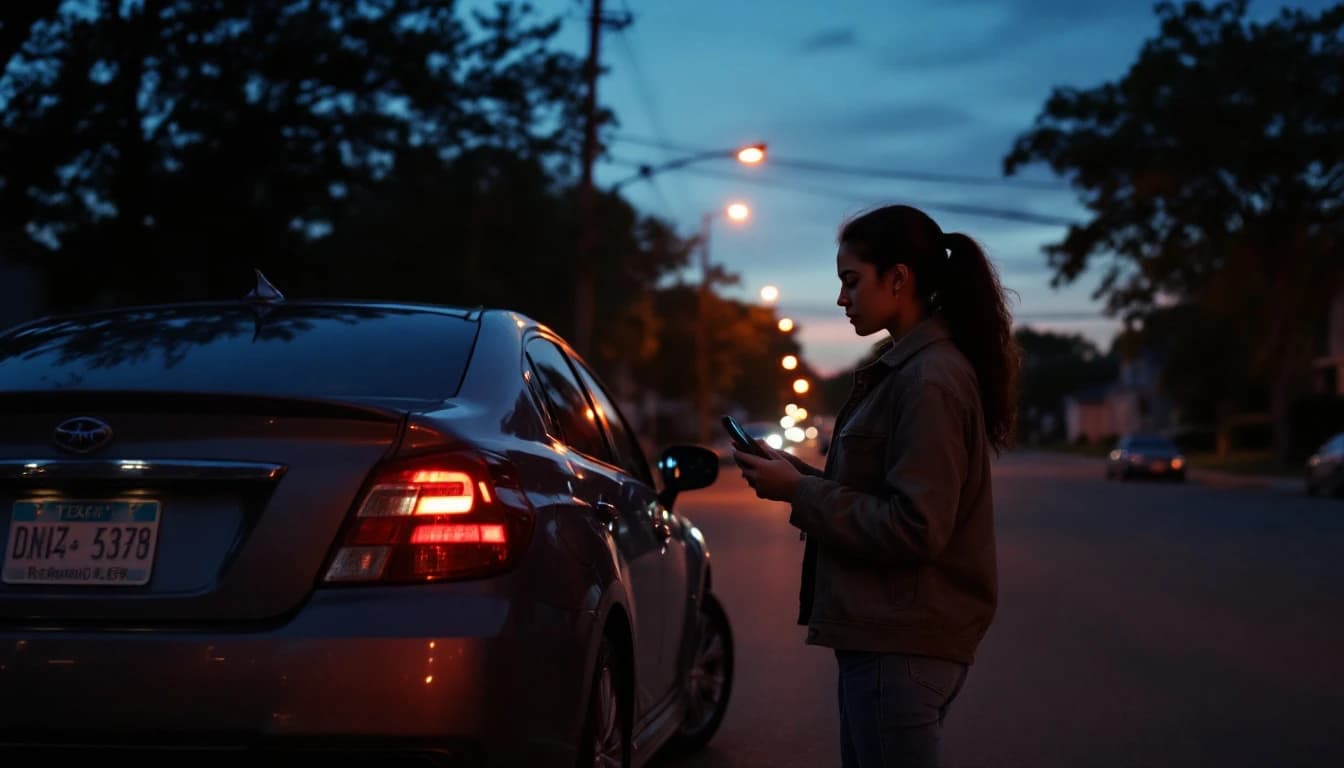 Pasajera comparando la placa de un carro con la pantalla de su teléfono antes de subirse