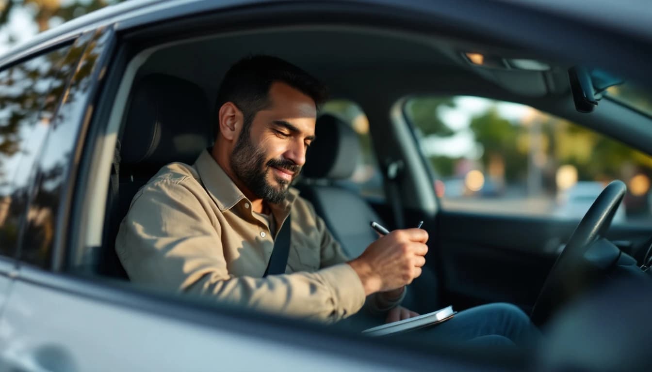 Chofer anotando el millaje en un cuaderno apoyado en el volante de su carro estacionado