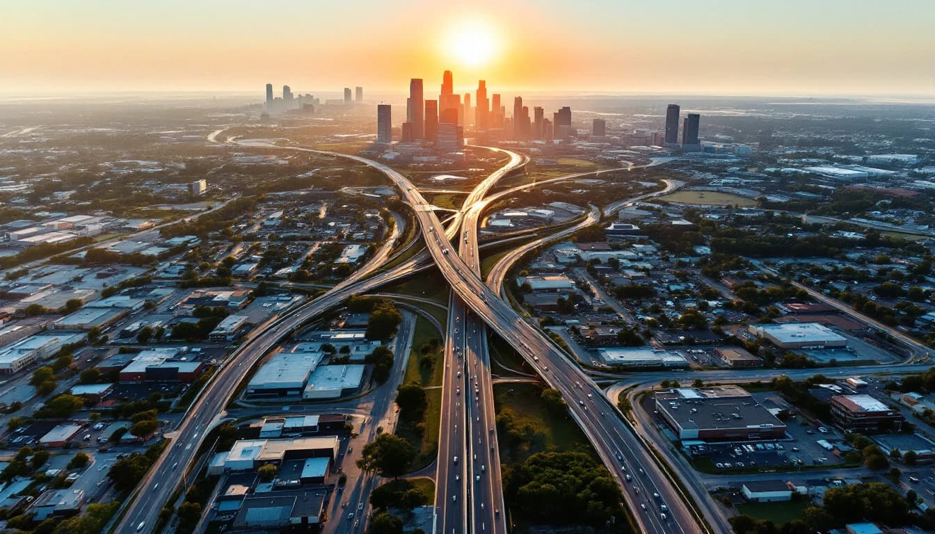 Vista amplia del área metropolitana de Dallas–Fort Worth al atardecer desde una autopista