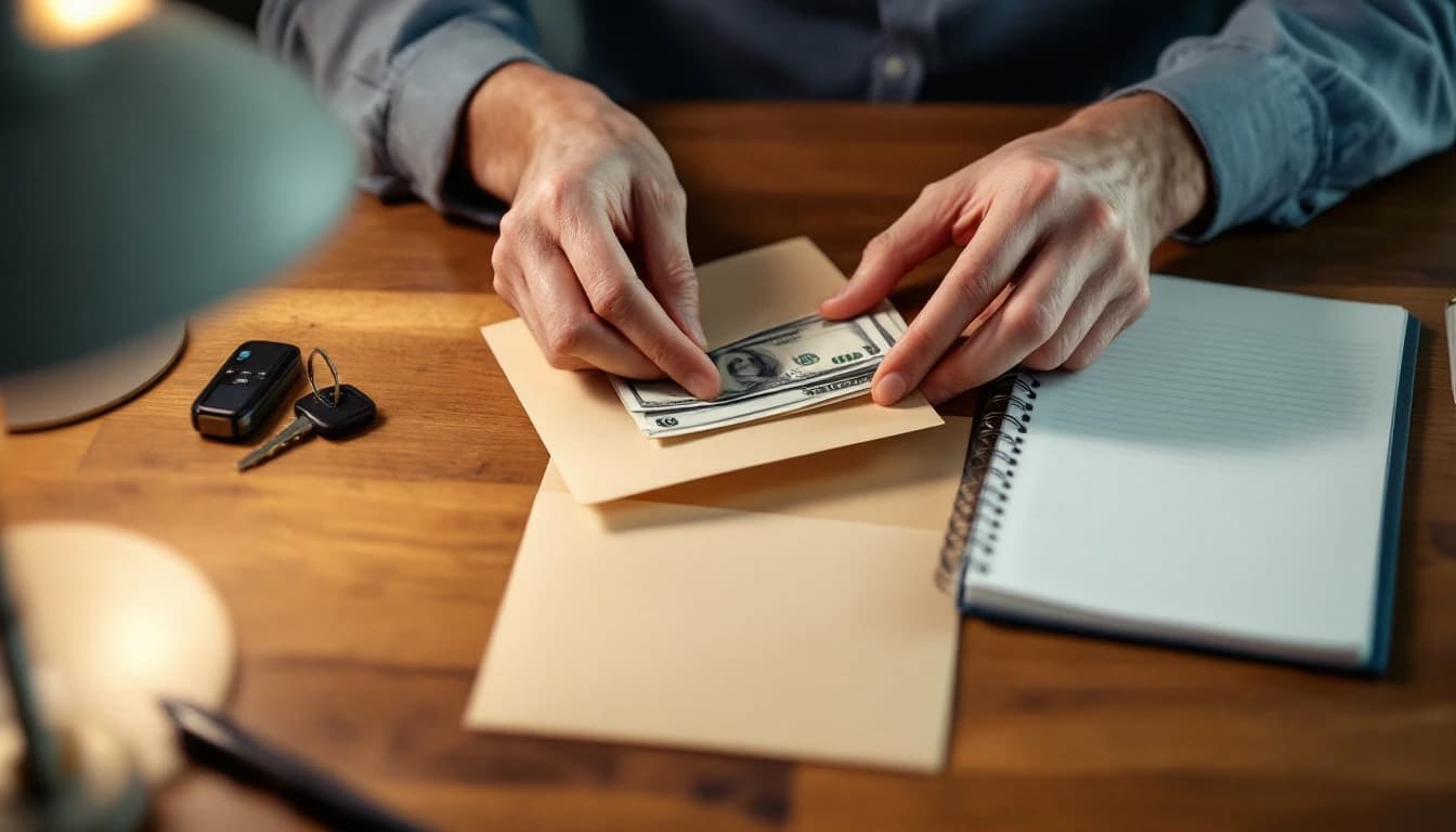 Manos acomodando billetes en varios sobres de papel sobre una mesa junto a una libreta