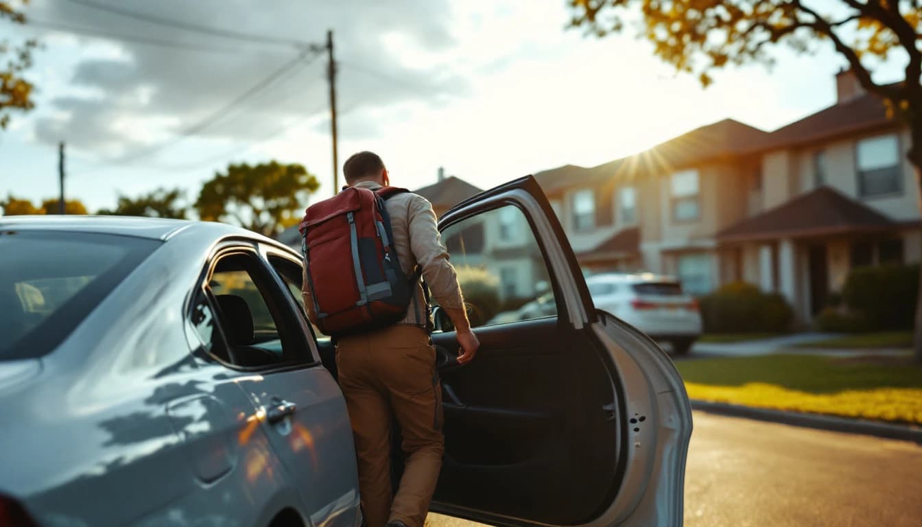 Trabajador con mochila subiendo a un carro en la mañana en una calle del Metroplex
