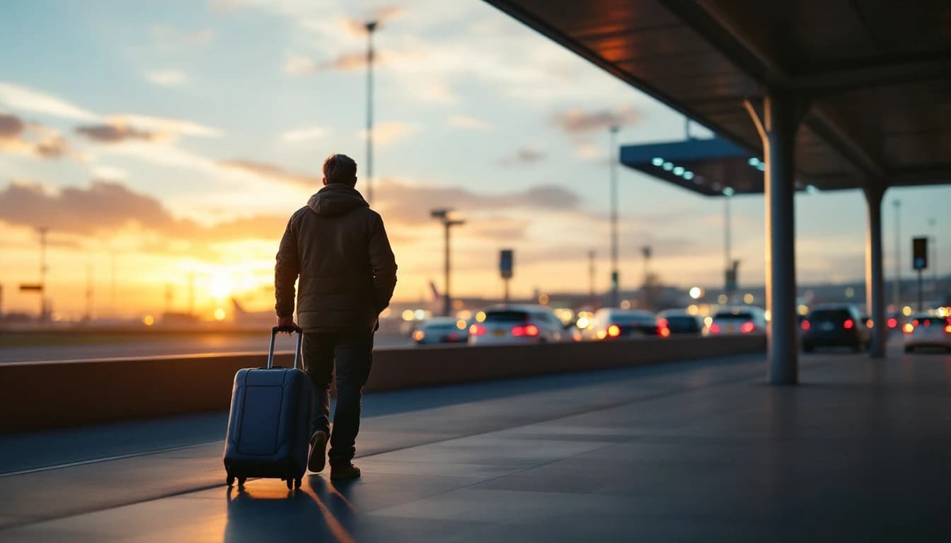 Viajero con maleta caminando por la banqueta de llegadas de un aeropuerto al atardecer