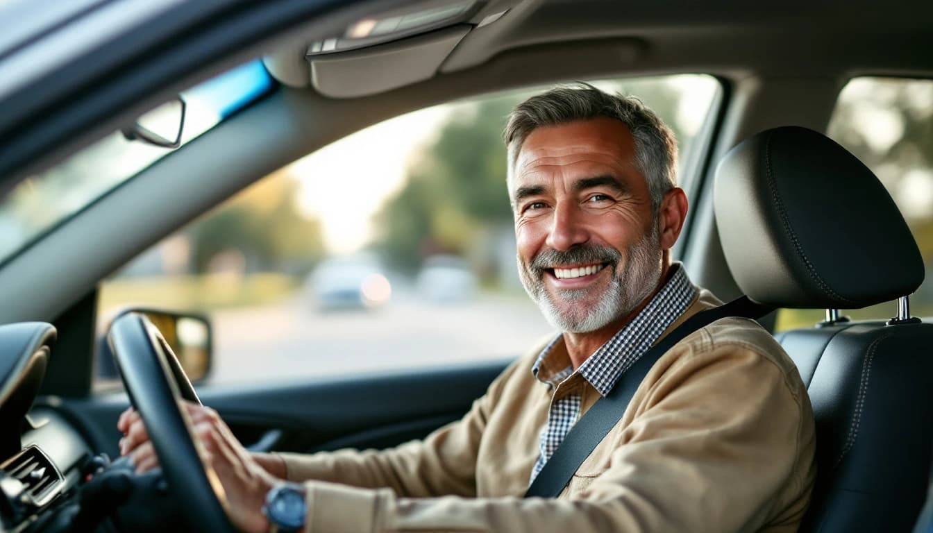 Chofer sonriendo al volante de su carro mientras revisa el teléfono en el soporte del tablero