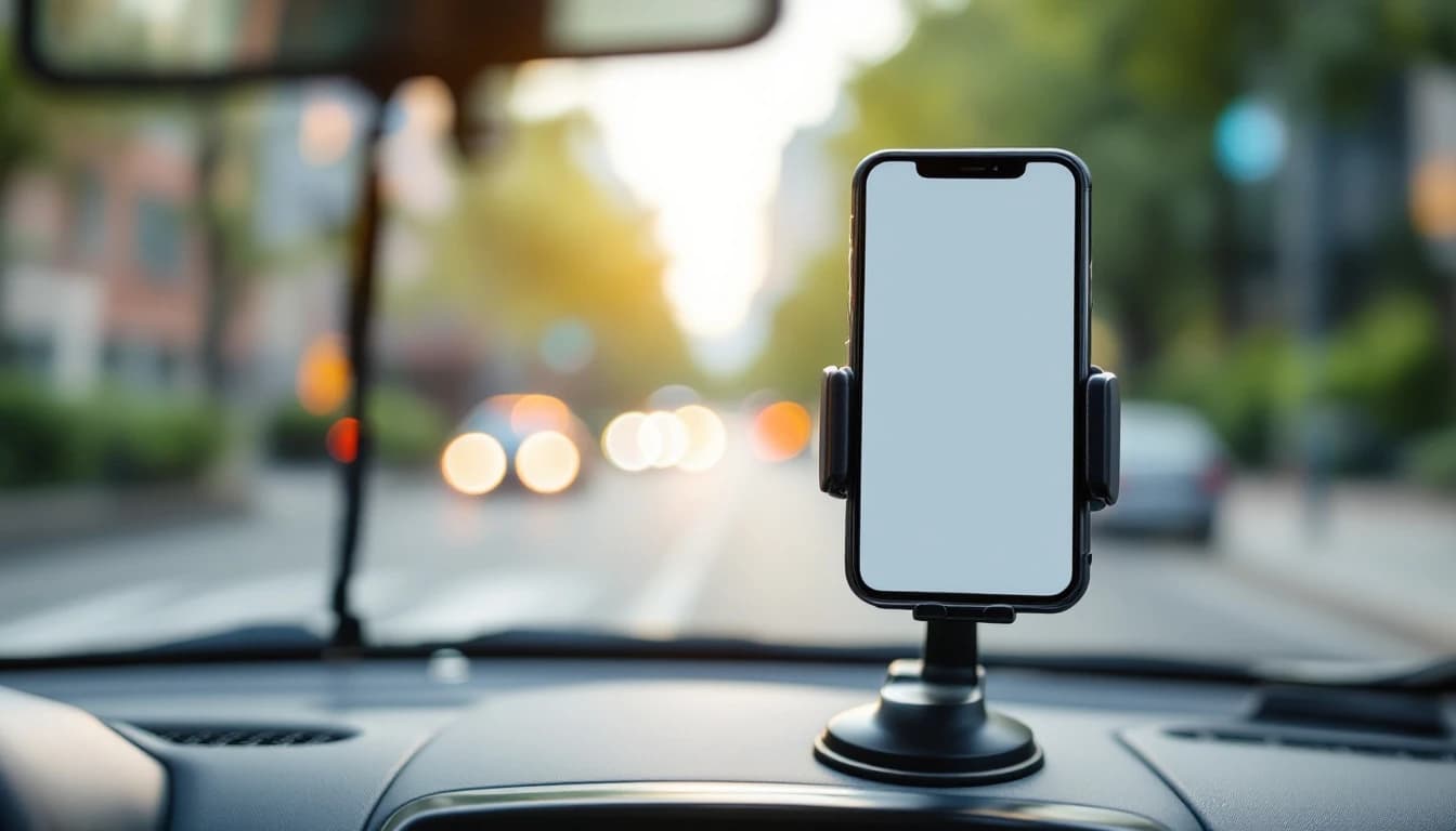 Teléfono montado en el parabrisas de un carro con la ciudad al fondo por la mañana