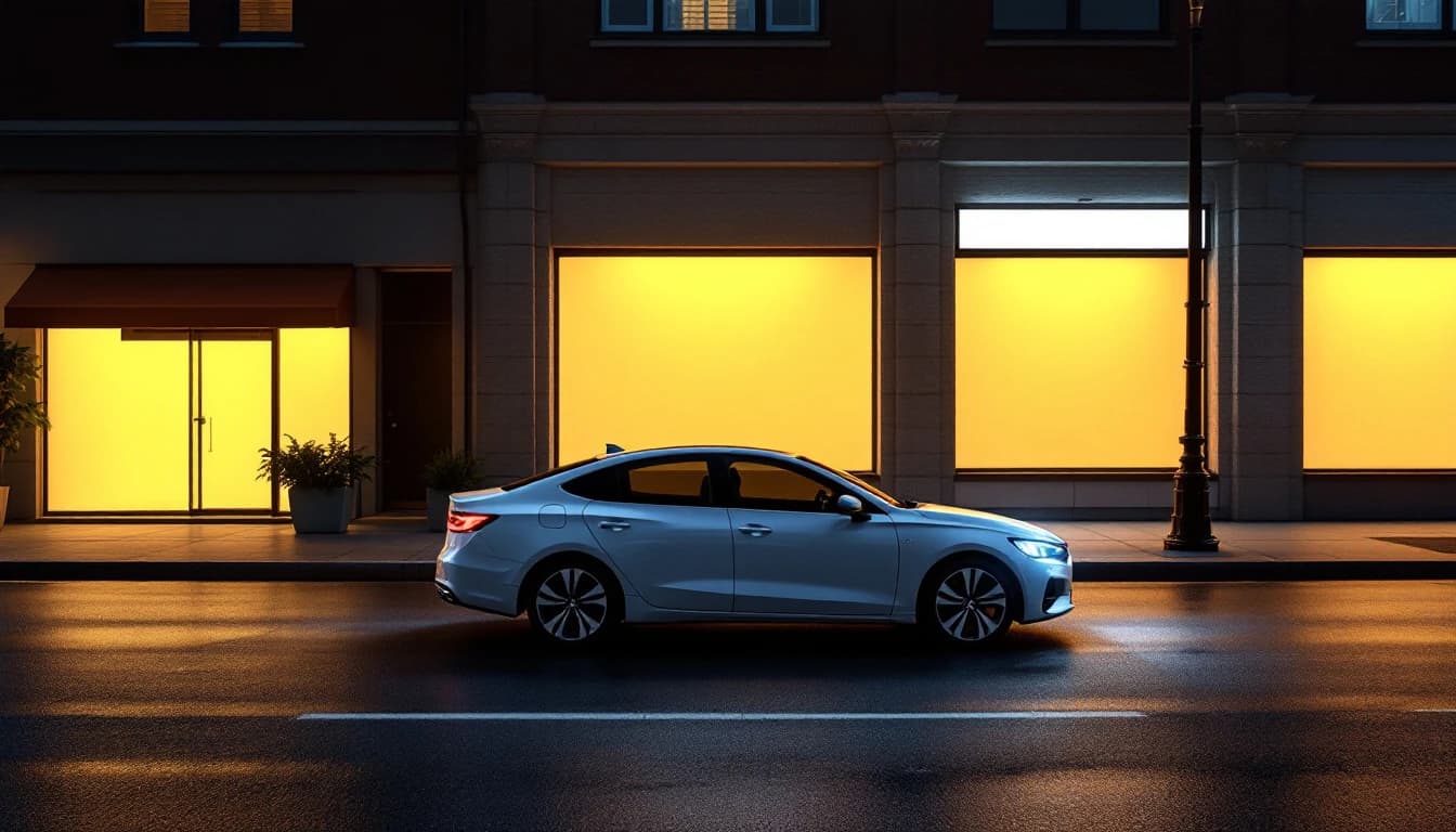 Carro sedán estacionado de noche en una calle tranquila con locales iluminados