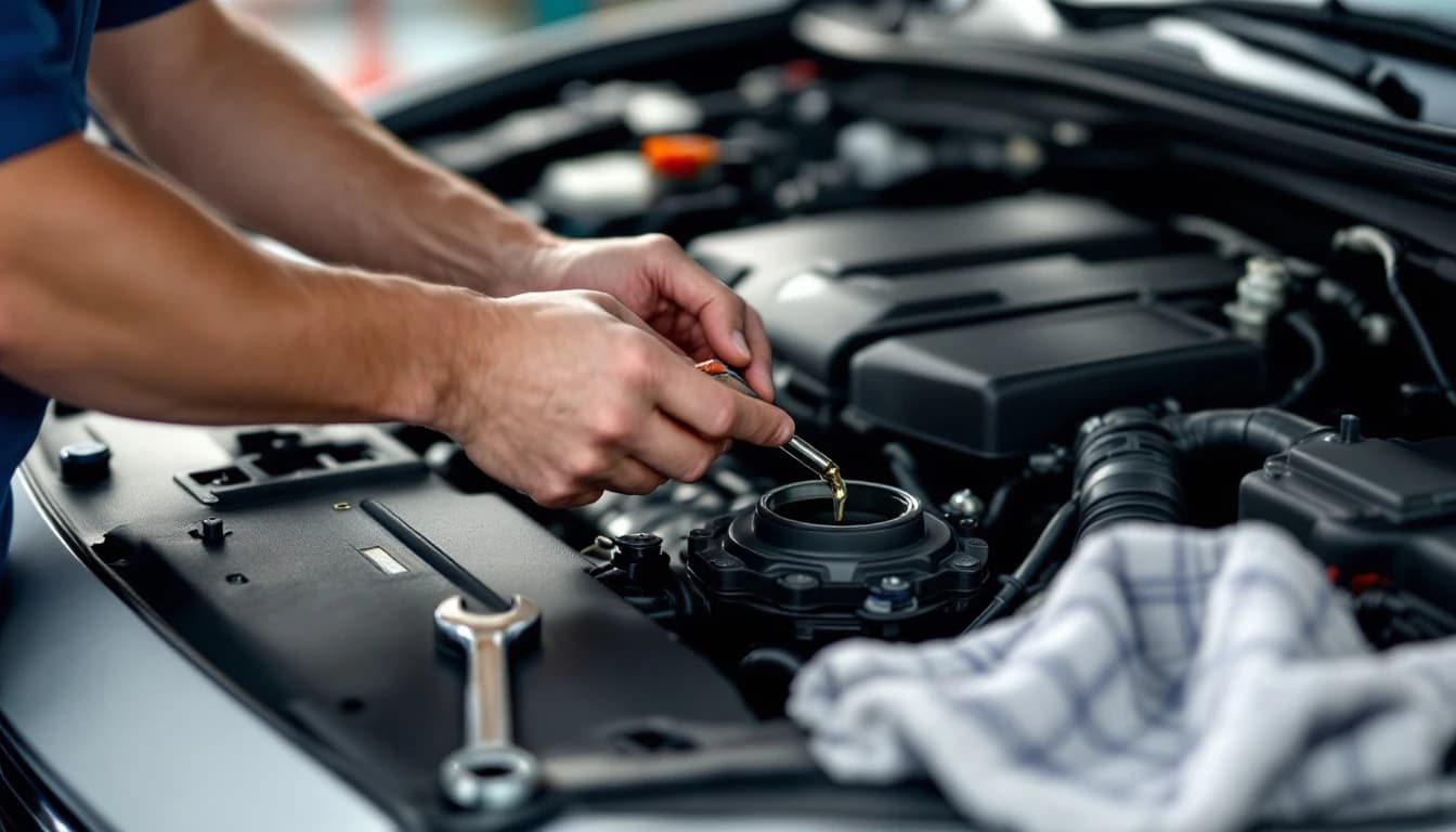 Manos revisando la varilla del aceite sobre el compartimento del motor con el cofre abierto