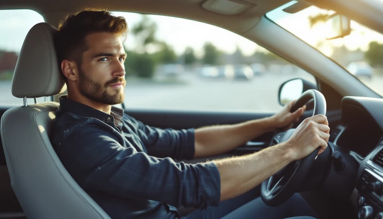 Chofer sentado al volante de su carro, listo para empezar el turno por la mañana