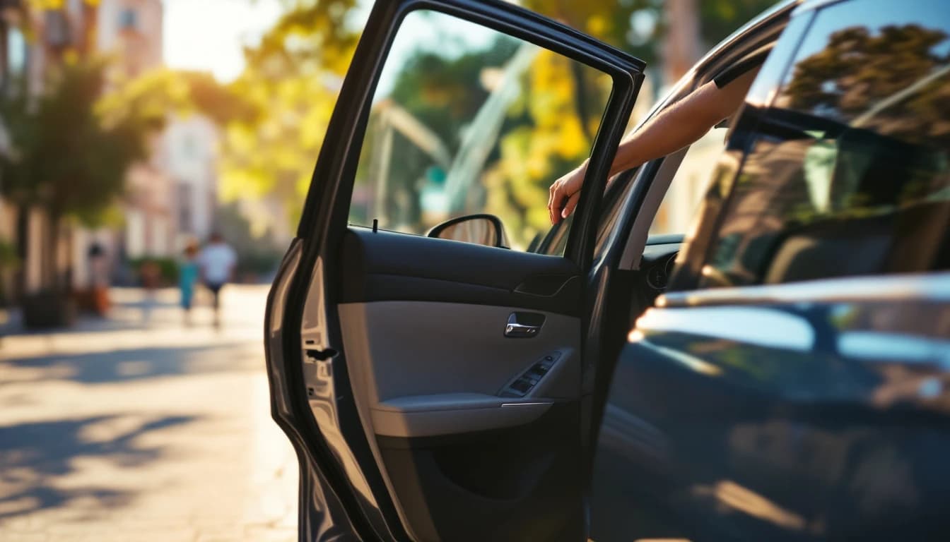 Puerta trasera abierta de un carro limpio en una calle soleada, con la mano de un pasajero en el marco