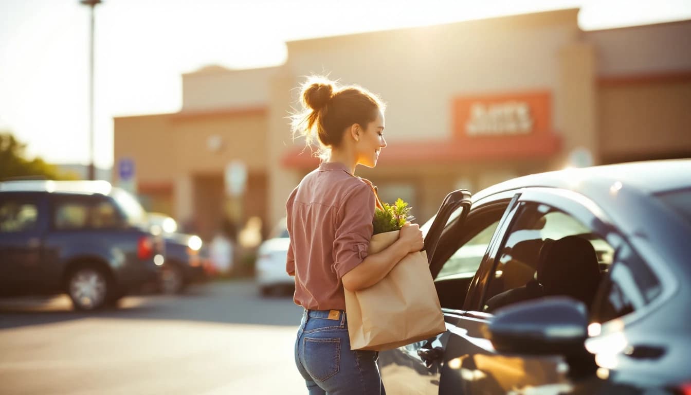 Mujer con bolsas del súper subiendo al asiento trasero de un carro en un estacionamiento