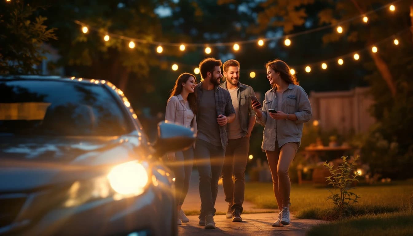 Grupo de amigos saliendo de una reunión de noche mientras uno revisa su teléfono junto a un carro que los espera