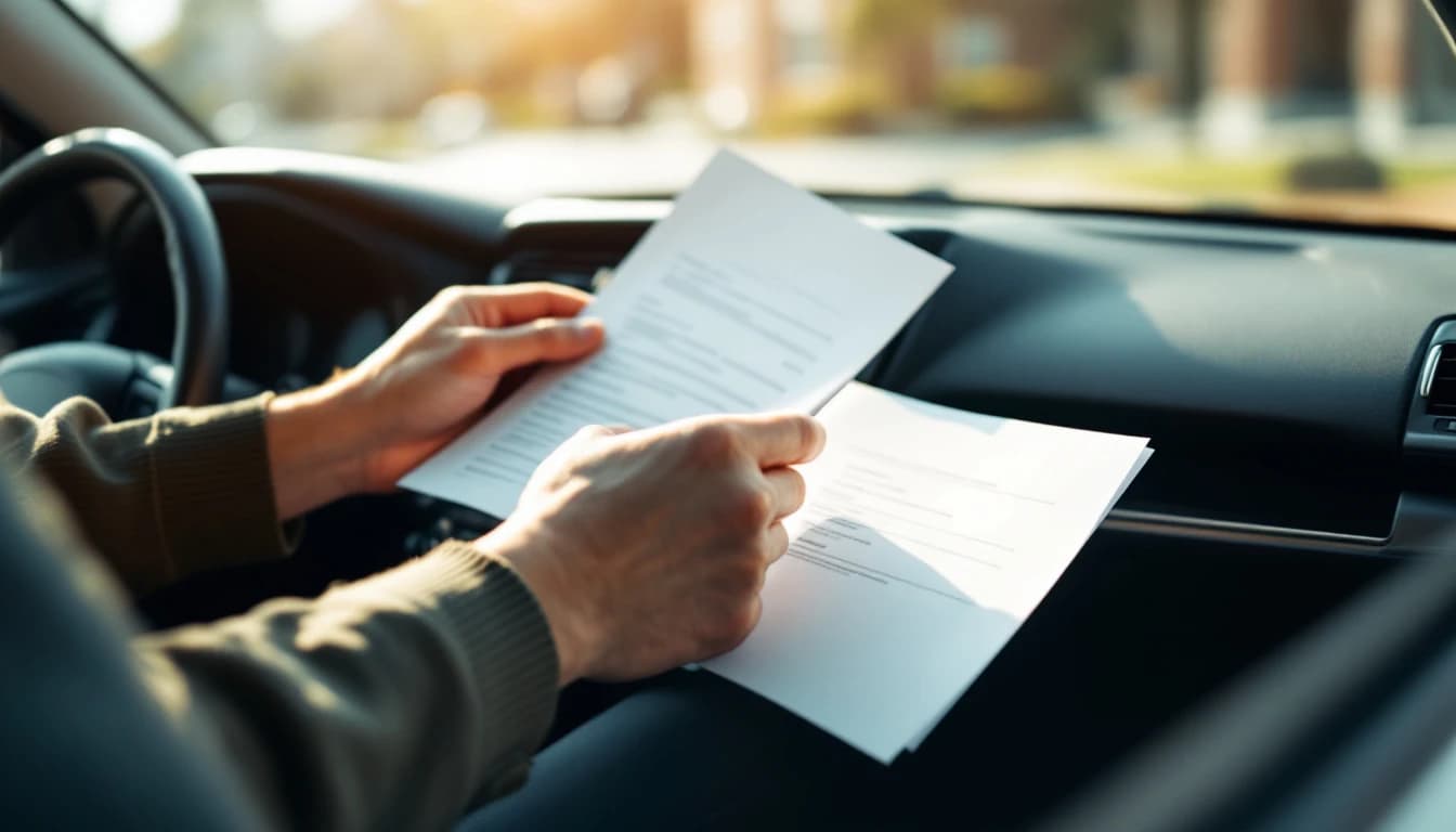 Manos revisando documentos del carro sobre el asiento del conductor con la guantera abierta