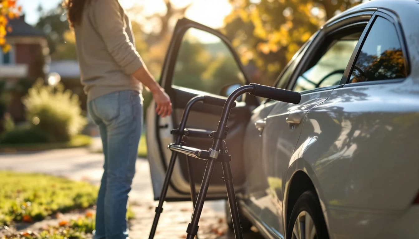Andadera plegada junto a la puerta abierta de un carro en una entrada residencial tranquila
