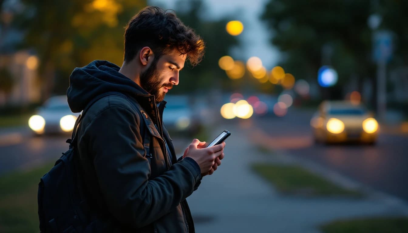 Persona en una banqueta revisando su teléfono con la batería baja mientras espera un carro