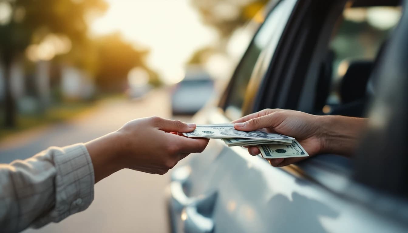 Manos de un pasajero entregando billetes al chofer desde el asiento trasero de un carro