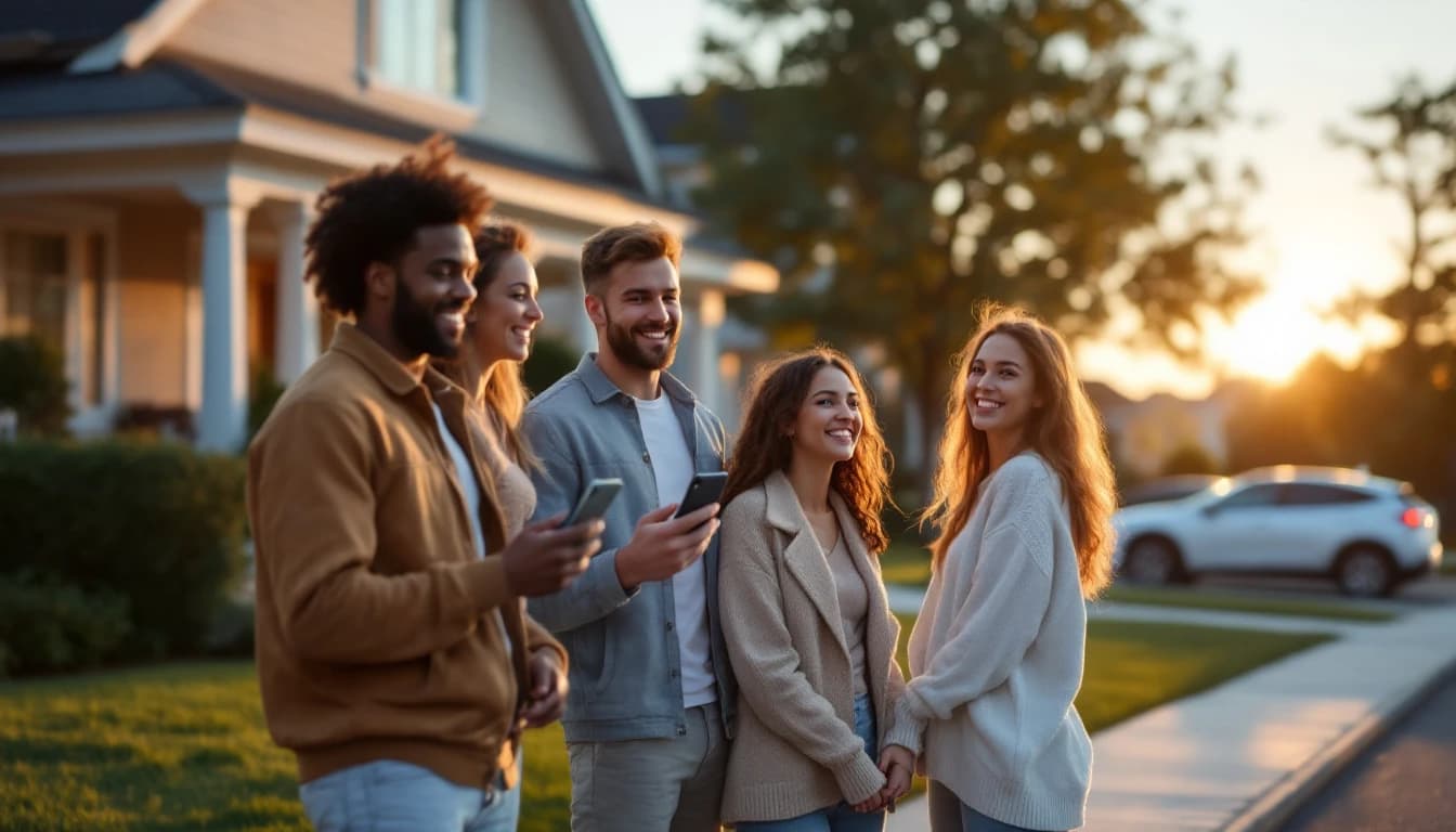 Grupo de amigos esperando en la banqueta frente a una casa mientras revisan un teléfono