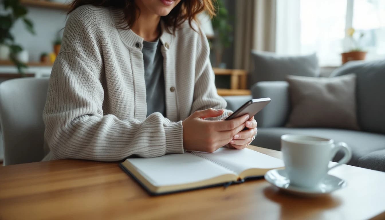 Mujer sentada en la sala de su casa revisando el teléfono con una libreta abierta sobre la mesa