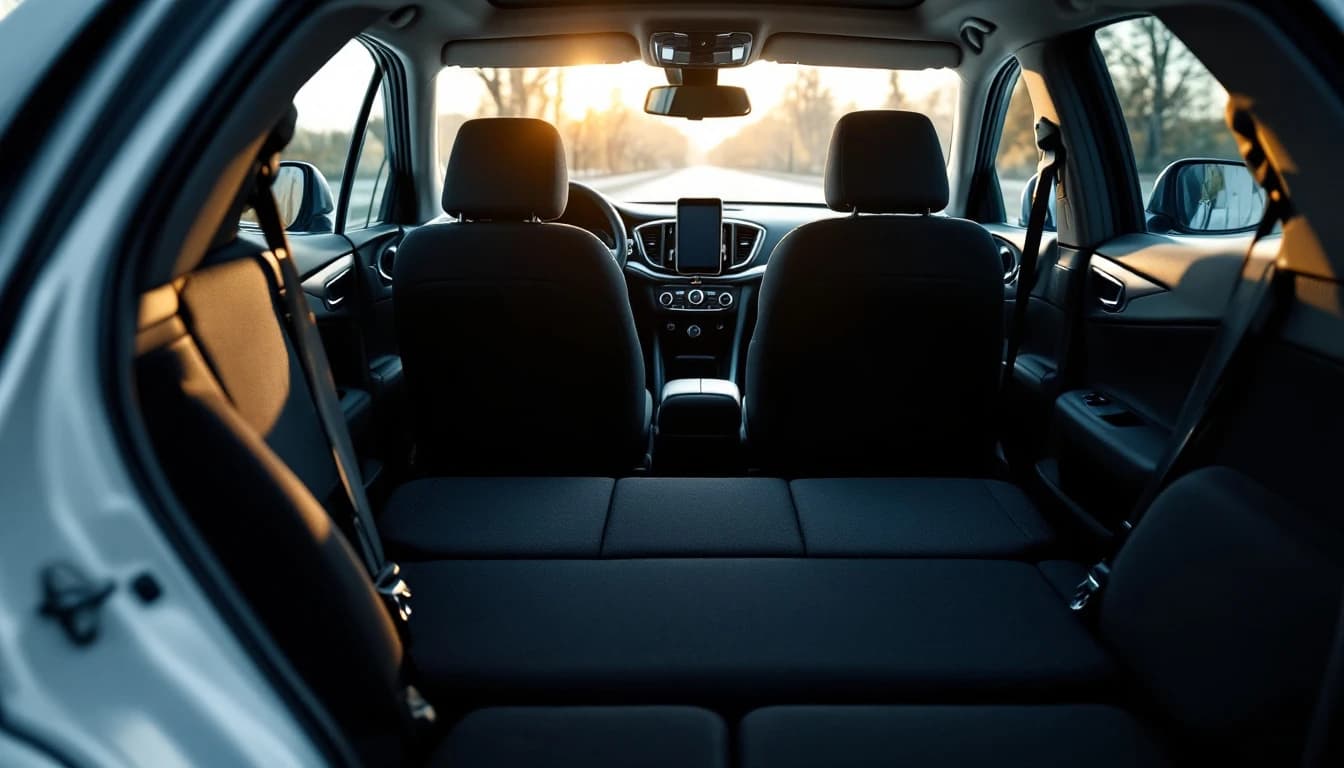 Interior limpio y ordenado de un carro visto desde la cajuela hacia el tablero