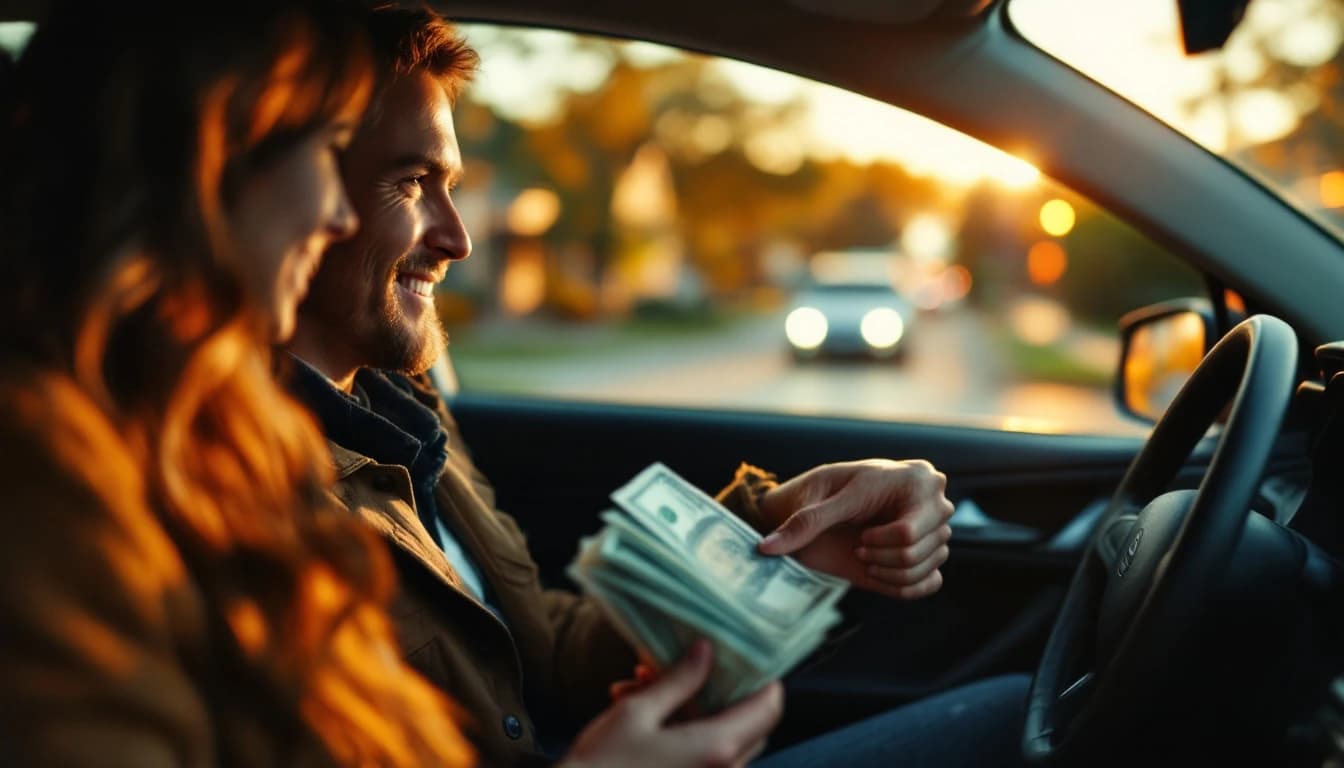Pasajero entregando billetes al chofer desde el asiento trasero de un carro al final del viaje