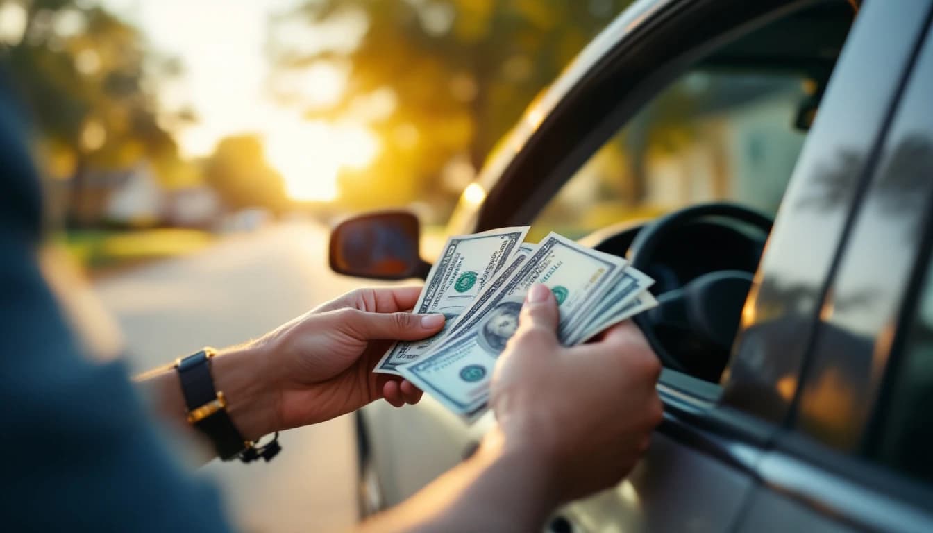 Pasajero contando billetes junto a la ventanilla de un carro en una calle del norte de Texas