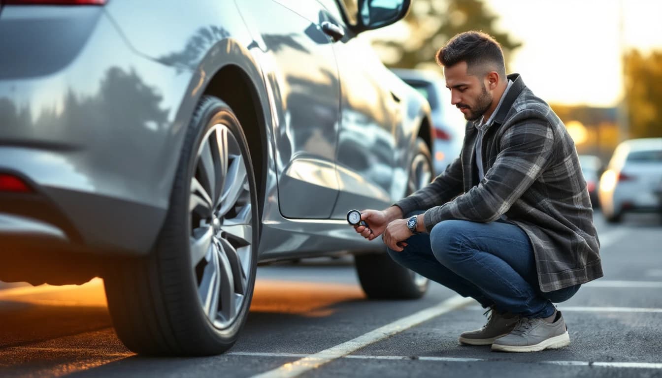 Chofer revisando la presión de las llantas de su sedán en un estacionamiento por la mañana