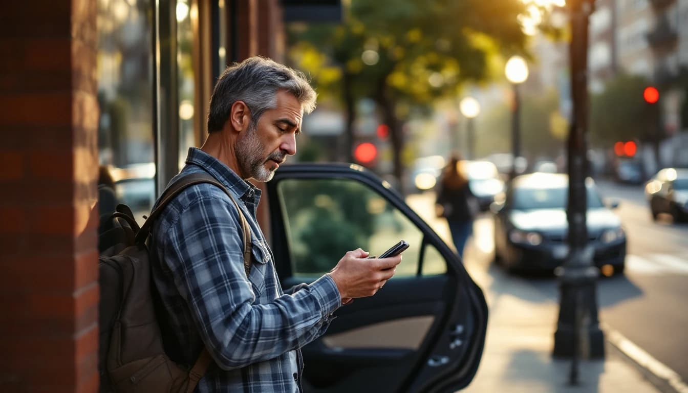 Persona revisando su teléfono en la banqueta después de bajarse de un carro