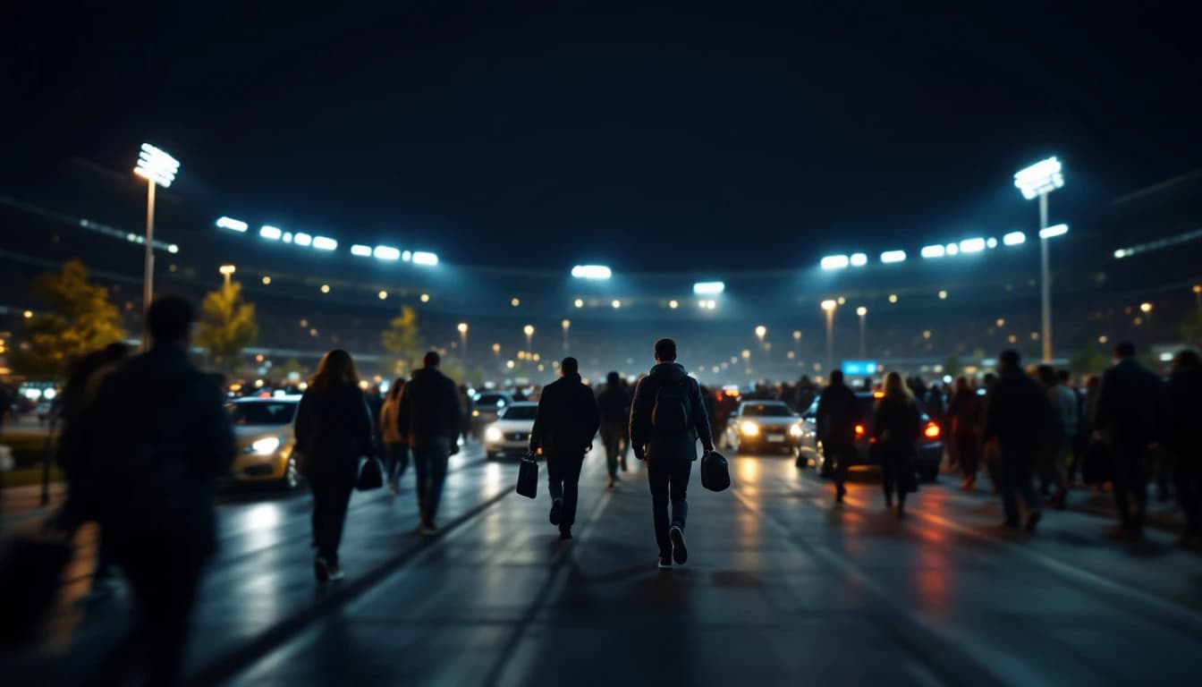 Gente saliendo de un estadio de noche mientras varios carros esperan en la zona de recogida