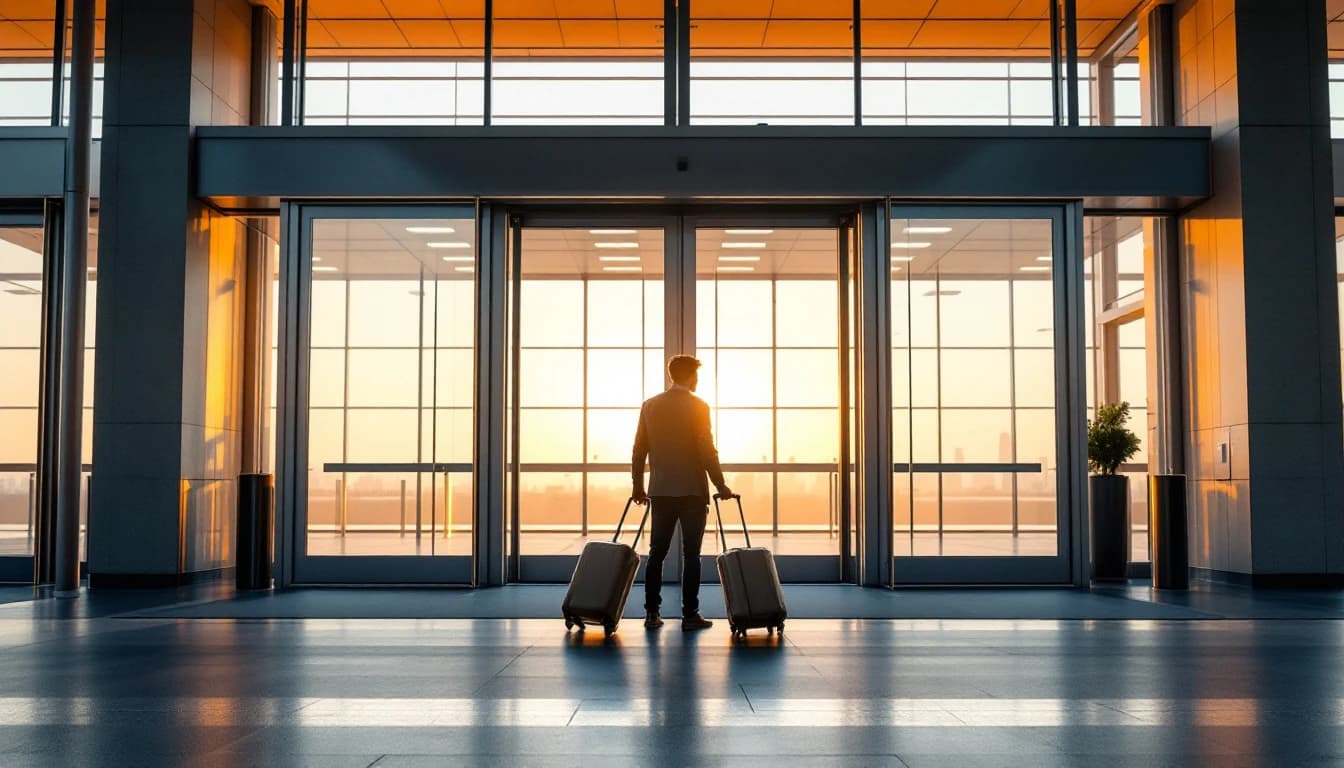 Viajero con dos maletas frente a las puertas de cristal de una terminal al amanecer