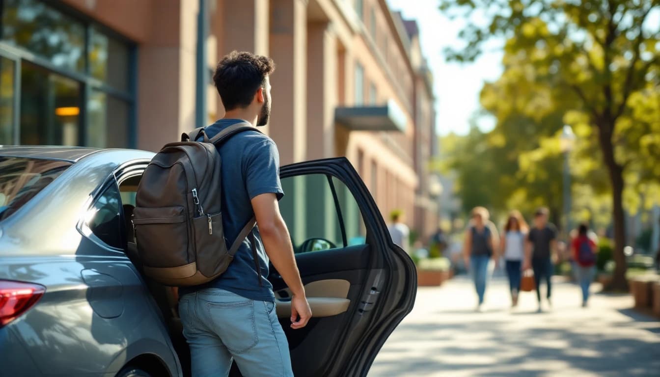 Estudiante con mochila bajando de un carro frente a la entrada de un campus universitario en la mañana