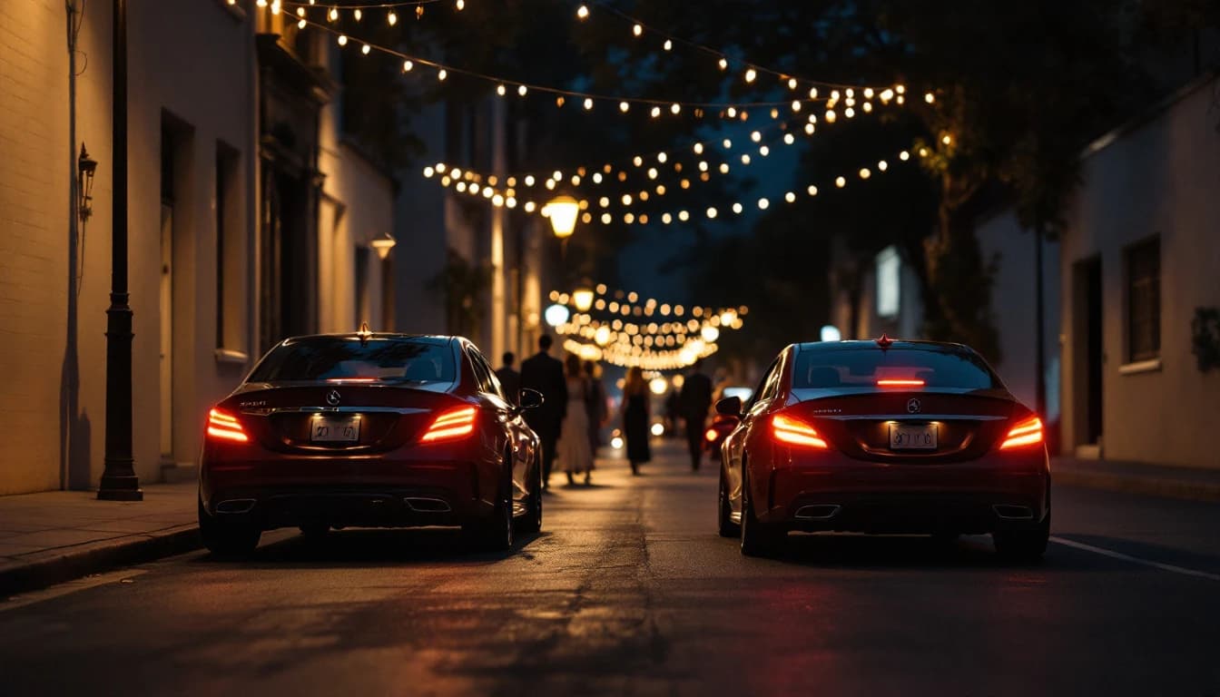 Salón de fiestas de noche con luces cálidas y carros esperando afuera en la entrada