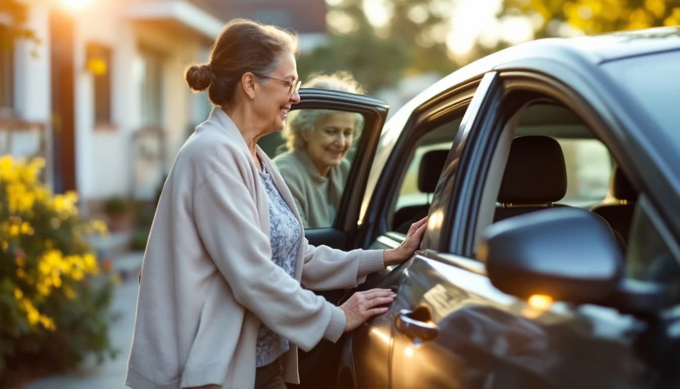 Señora mayor bajando del asiento trasero de un carro frente a la entrada de una clínica