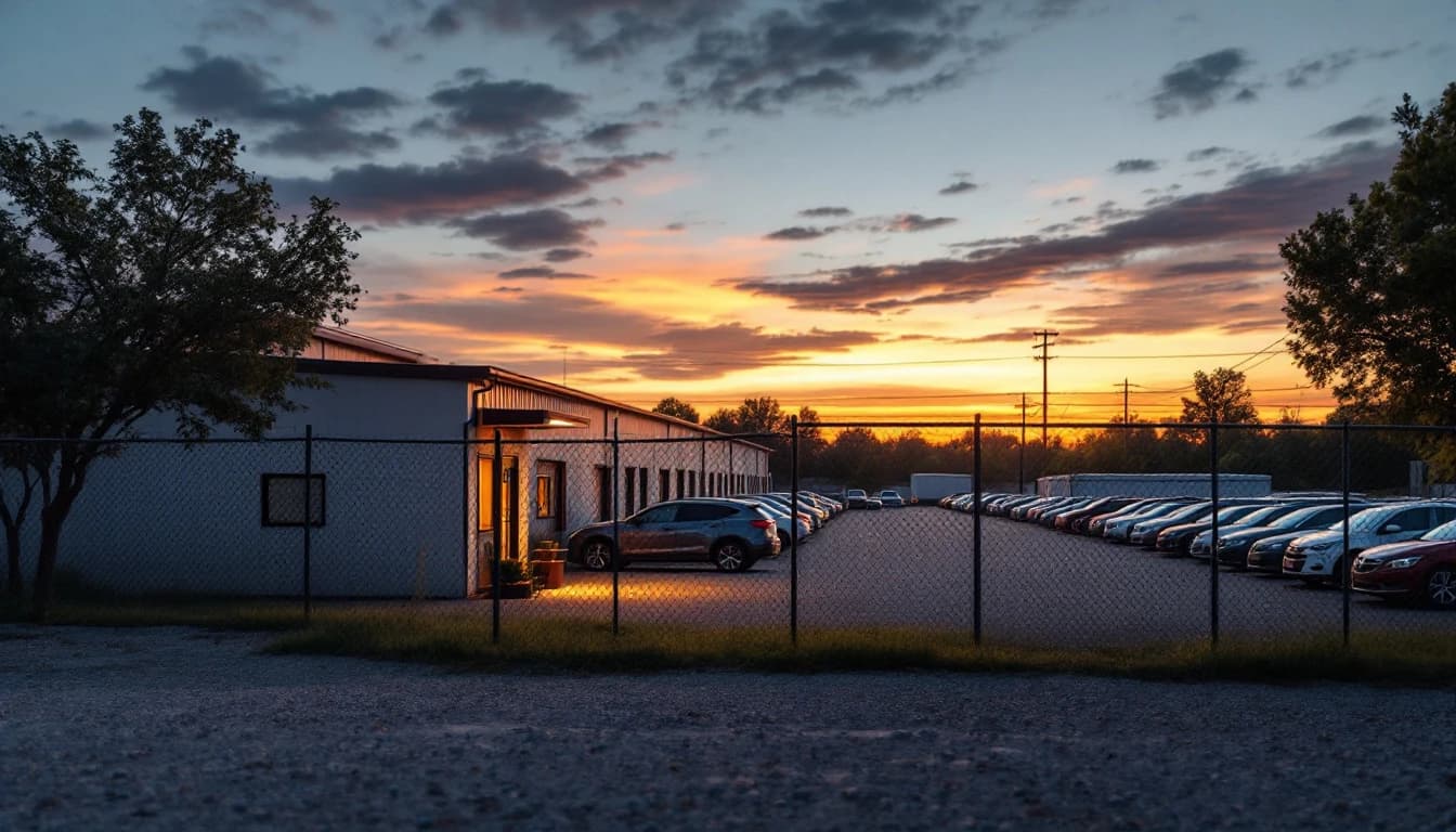 Estacionamiento con reja donde esperan varios carros remolcados, al atardecer