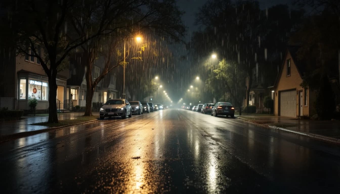 Calle mojada de noche con luces de carros reflejadas en el pavimento durante una lluvia fuerte