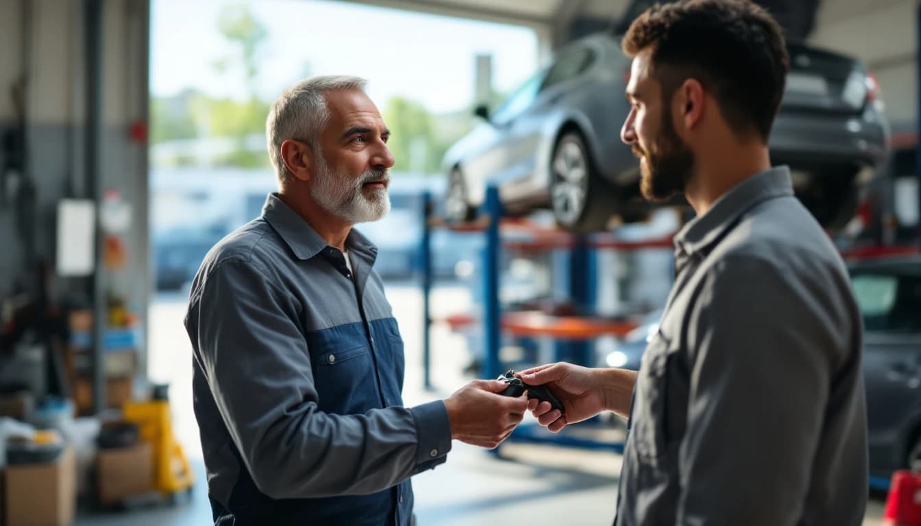 Hombre entregando las llaves de su carro en un taller mecánico mientras otro vehículo lo espera afuera