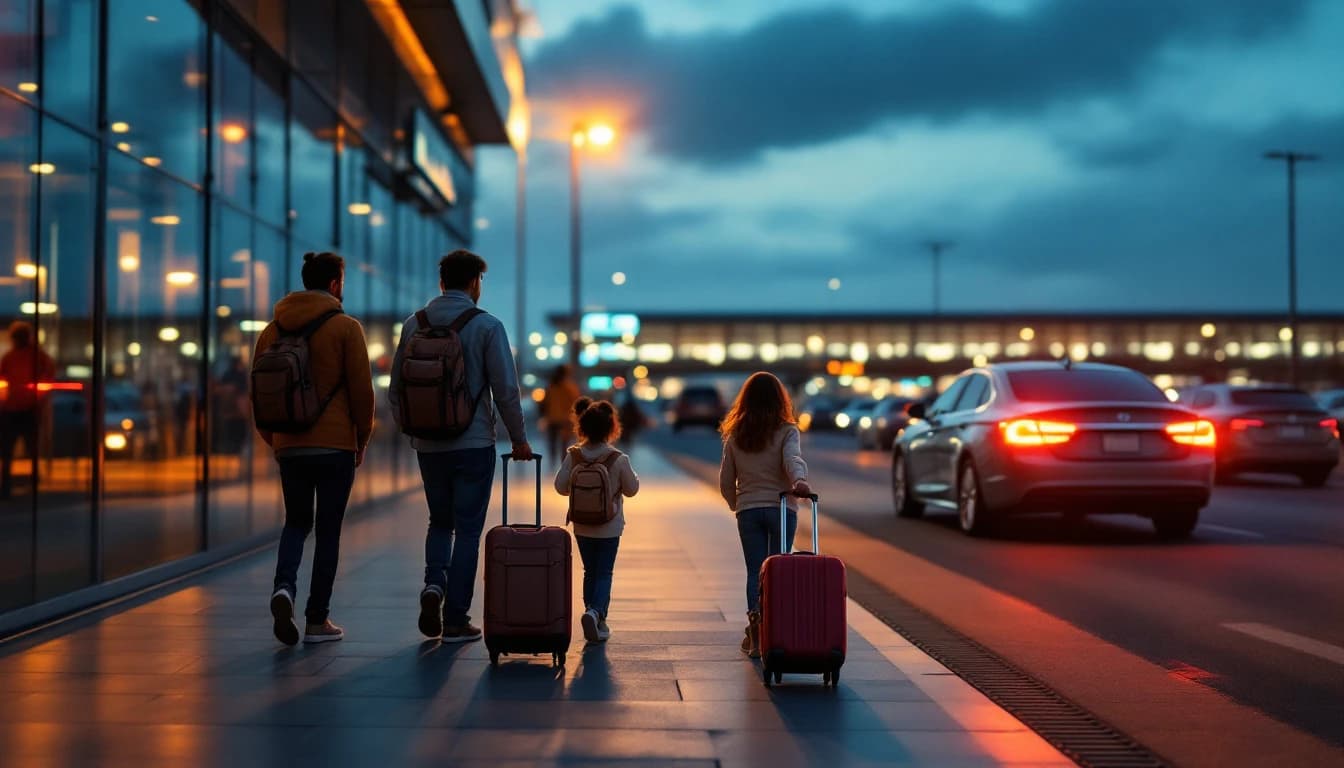 Familia con maletas esperando junto a la banqueta de llegadas de un aeropuerto en Dallas al atardecer