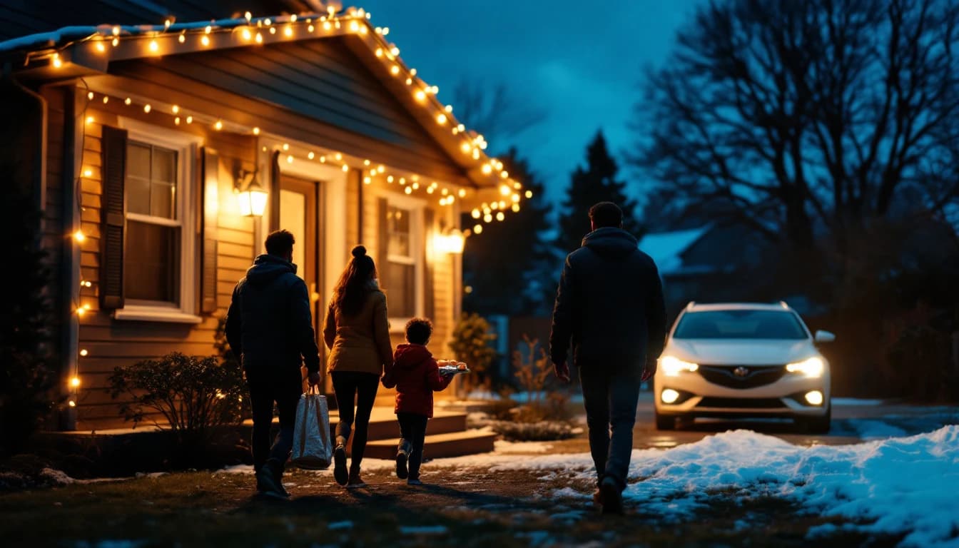 Familia saliendo de una casa decorada con luces navideñas cargando recipientes de comida por la noche